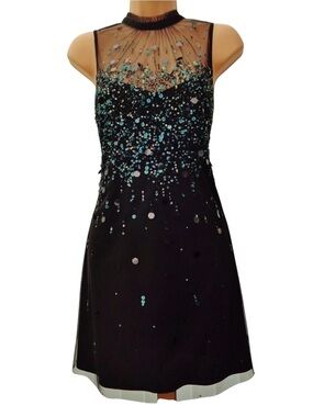 Monsoon Teal Black Sequin Embellished Mesh Party Dress US 12 UK 16 NWT
